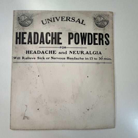 c1912 Universal Headache Powders Store Display Stand-Up Sign 8x9.5" J17