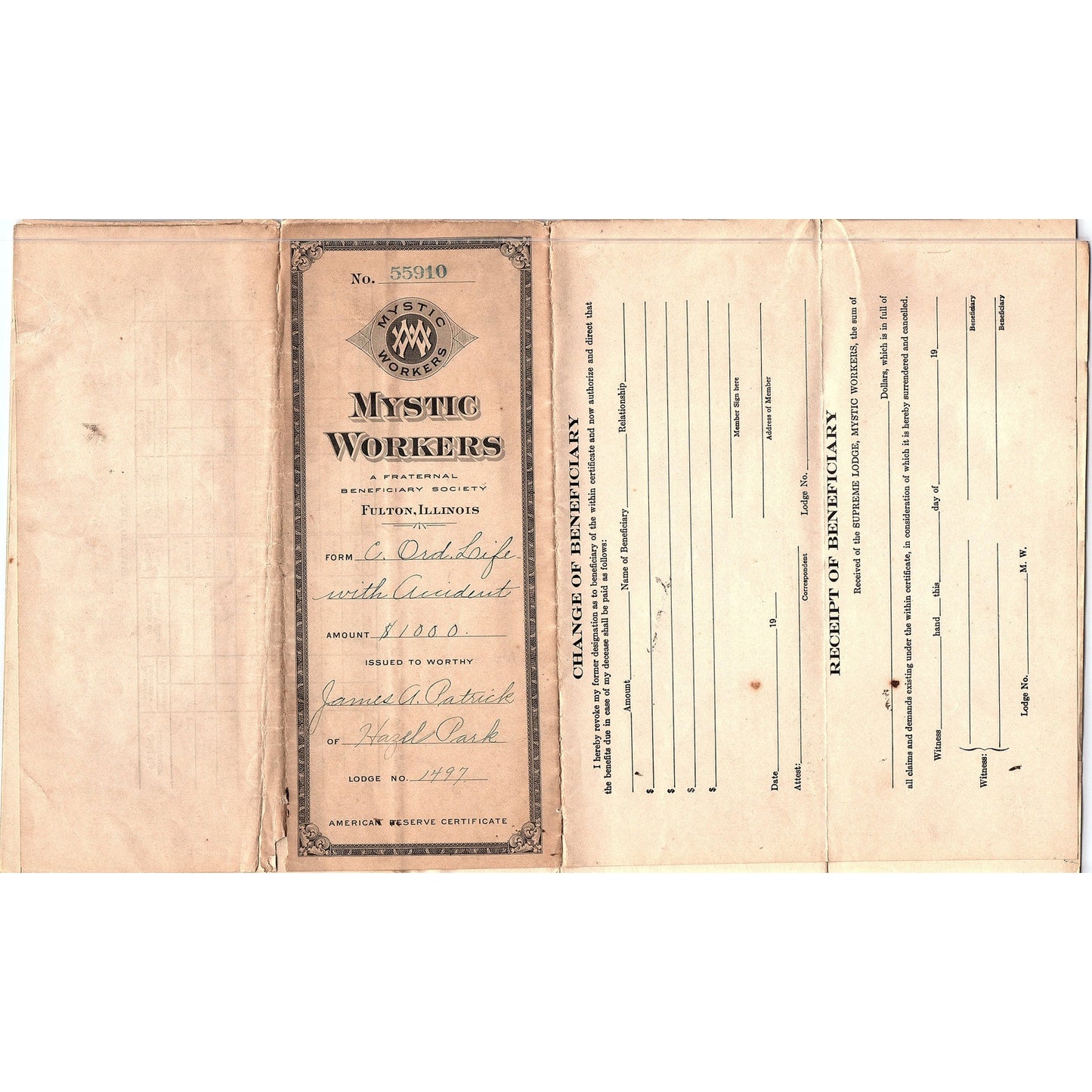 1924 Mystic Workers Lodge 1497 Benefit Cert James A Patrick St. Paul TH2-OP5