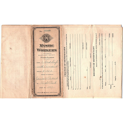 1924 Mystic Workers Lodge 1497 Benefit Cert James A Patrick St. Paul TH2-OP5