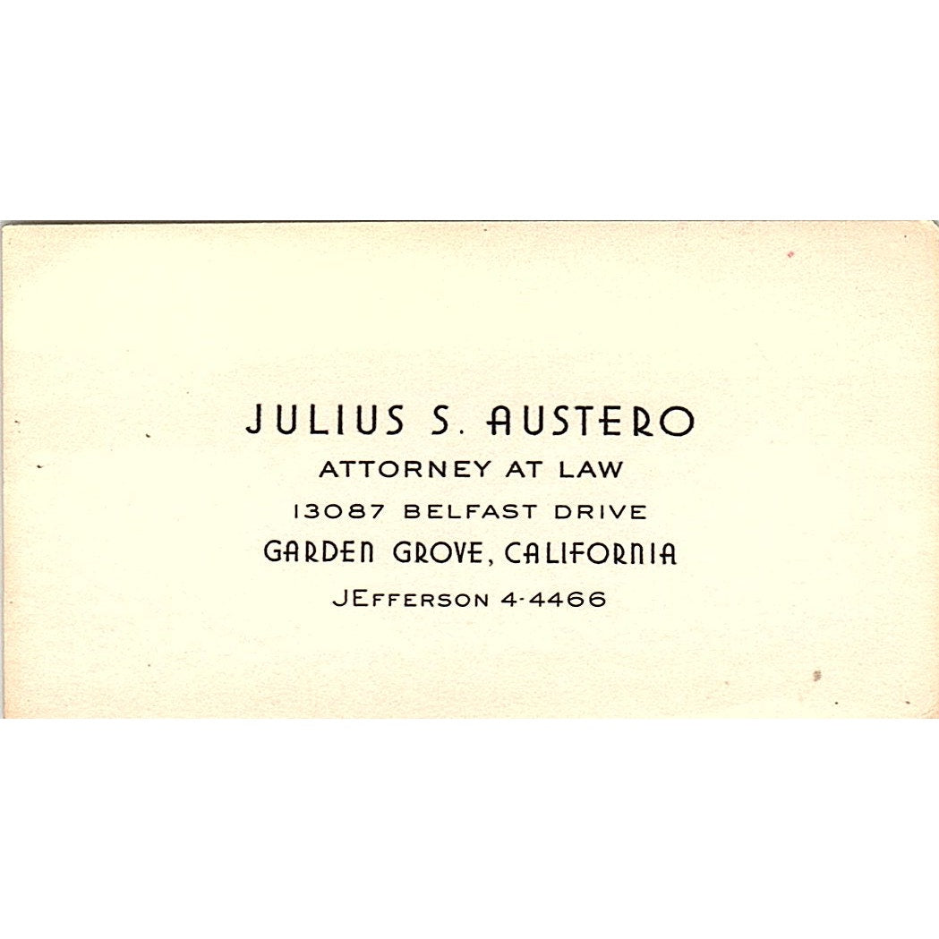 Julius S Austero Attorney Garden Grove CA Vintage Business Card SE3-B12