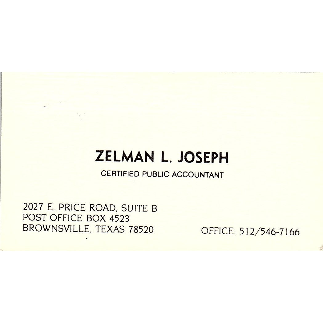 Zelman L Joseph CPA Brownsville TX Vintage Business Card SD9-B1