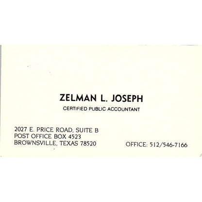 Zelman L Joseph CPA Brownsville TX Vintage Business Card SD9-B1