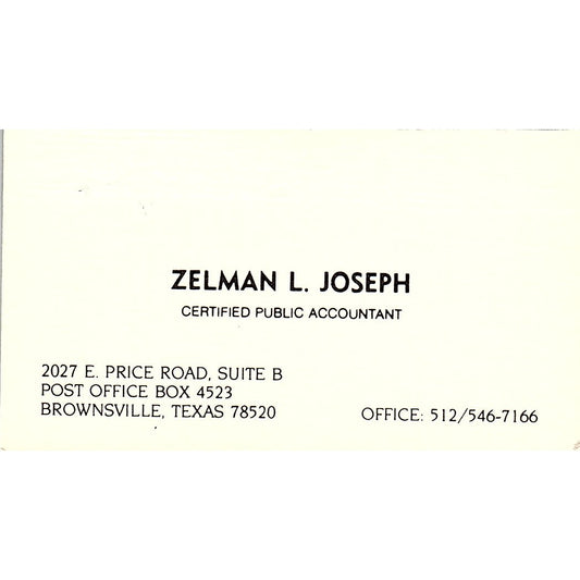 Zelman L Joseph CPA Brownsville TX Vintage Business Card SD9-B1