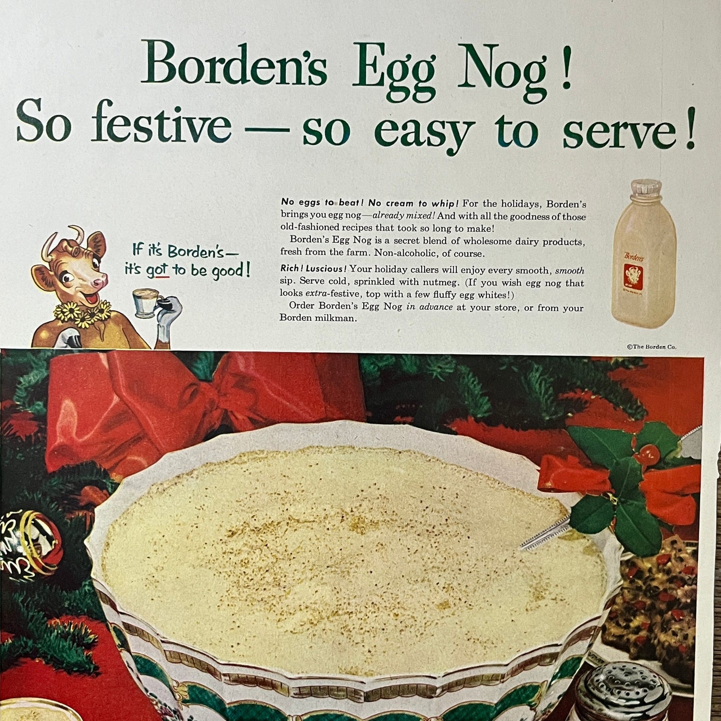 Vintage Borden's Eggnog Christmas Elsie Cow Magazine Ad 10x14 V3
