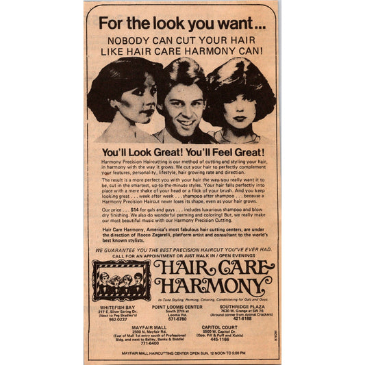 Hair Care Harmony Salon Rocco Zegarelli 1981 WI Newspaper Ad AH3-9