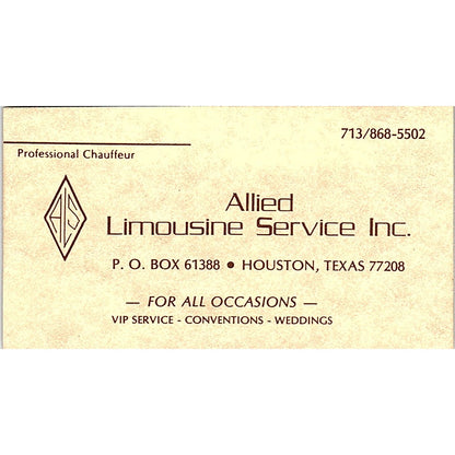 Allied Limousine Service Inc. Houston Texas Vintage Business Card SB4-B5