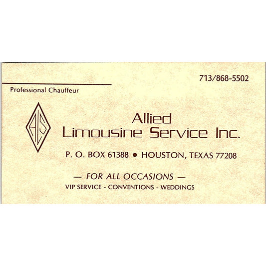 Allied Limousine Service Inc. Houston Texas Vintage Business Card SB4-B5