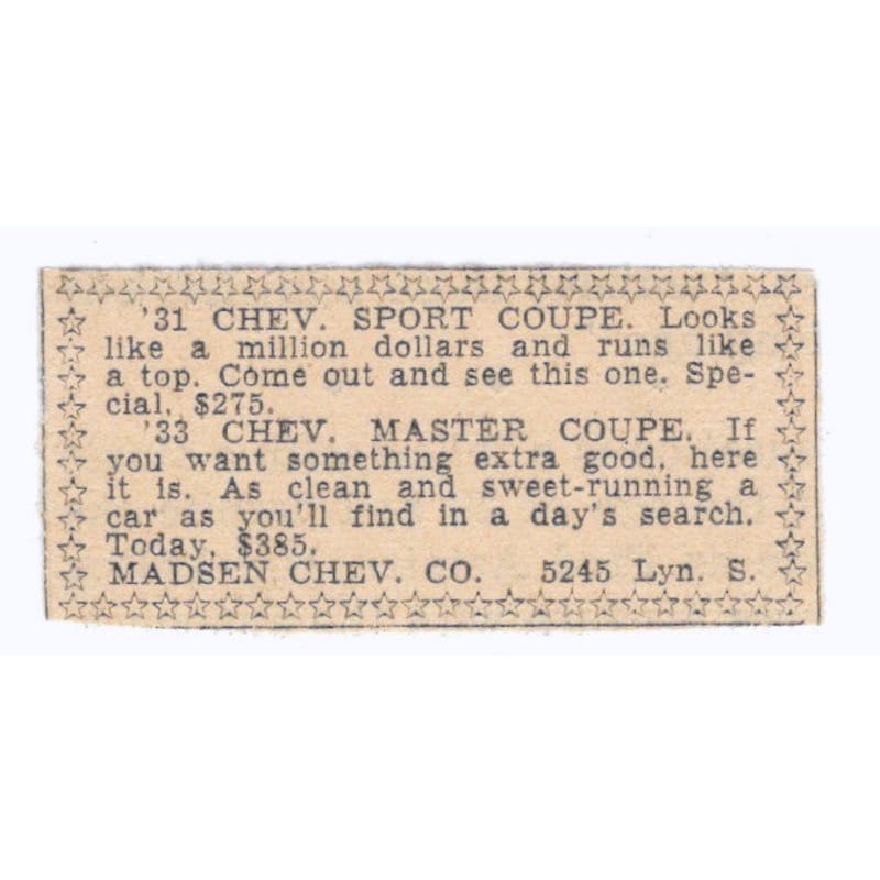 Madsen Chevrolet Lyndale Ave So 1935 Minneapolis Journal Advertisement AE7-H3