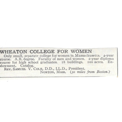 Wheaton College For Women Norton MA Rev. Samuel V. Cole, D.D. c1920 Ad AG4-S7
