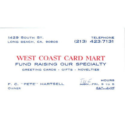 F.C. Pete Hartsell West Coast Card Mart Long Beach Vintage Business Card SE3-B5