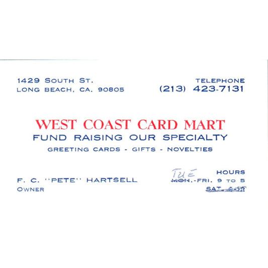 F.C. Pete Hartsell West Coast Card Mart Long Beach Vintage Business Card SE3-B5