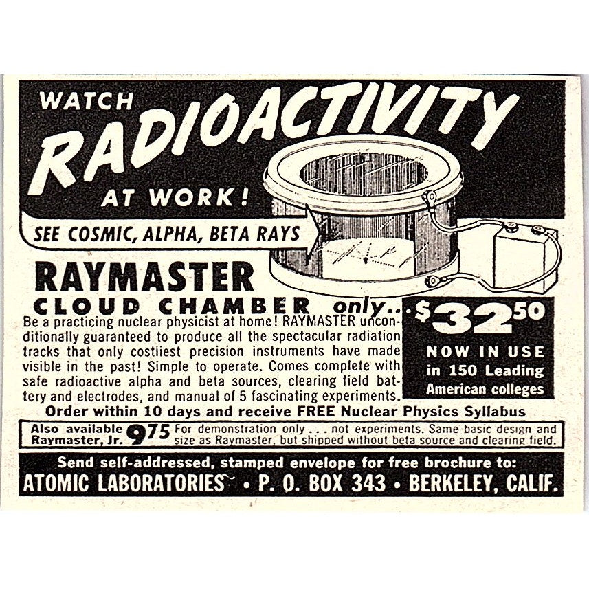 Raymaster Cloud Chamber - Atomic Laboratories Berkeley CA 1955 Ad AF9-S5