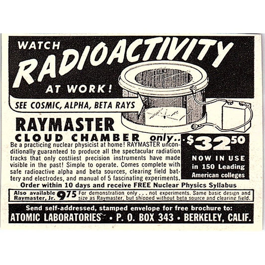 Raymaster Cloud Chamber - Atomic Laboratories Berkeley CA 1955 Ad AF9-S5