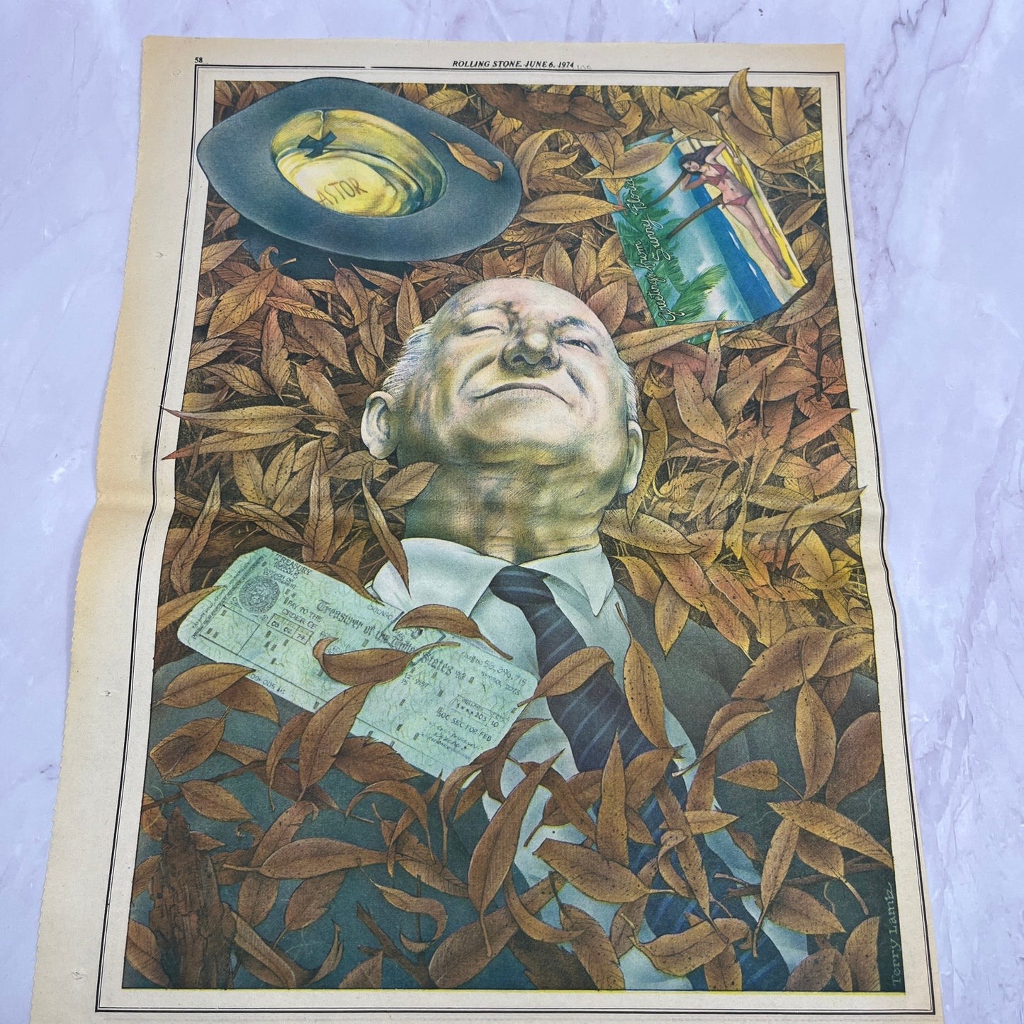 Terry Lamb Retro 70s Art Business Man Laying In Leaves 11x14.5" 1974 Ad V14-2