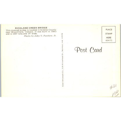 Richland Creek Bridge Bloomfield IN Vintage Covered Bridge Postcard PC16