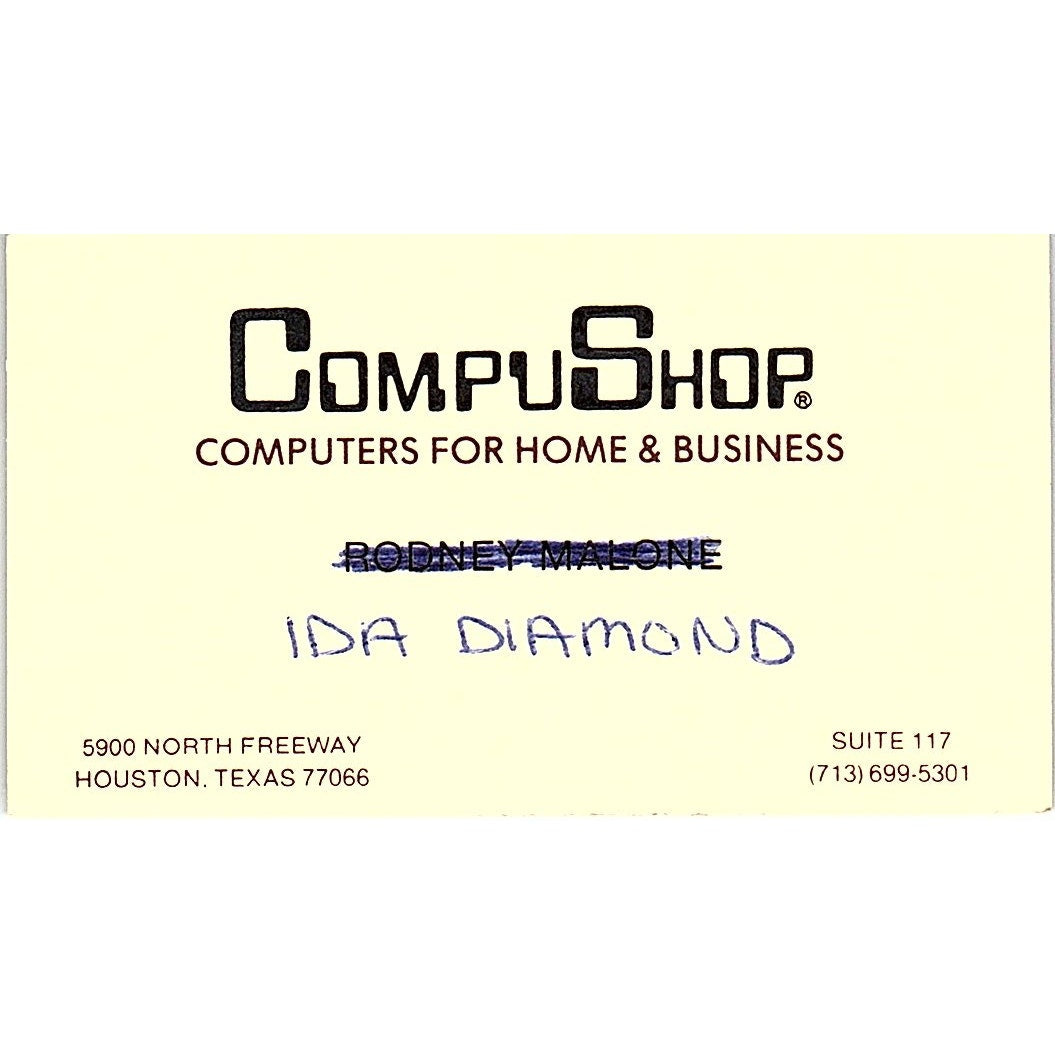 Ida Diamond CompuShop Computers Houston TX Vintage Business Card SD9-B2