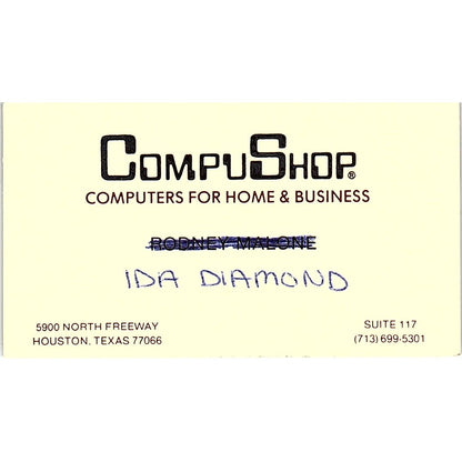 Ida Diamond CompuShop Computers Houston TX Vintage Business Card SD9-B2