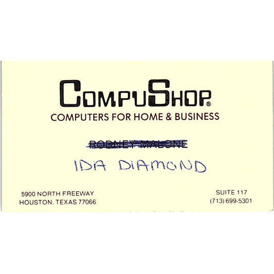 Ida Diamond CompuShop Computers Houston TX Vintage Business Card SD9-B2