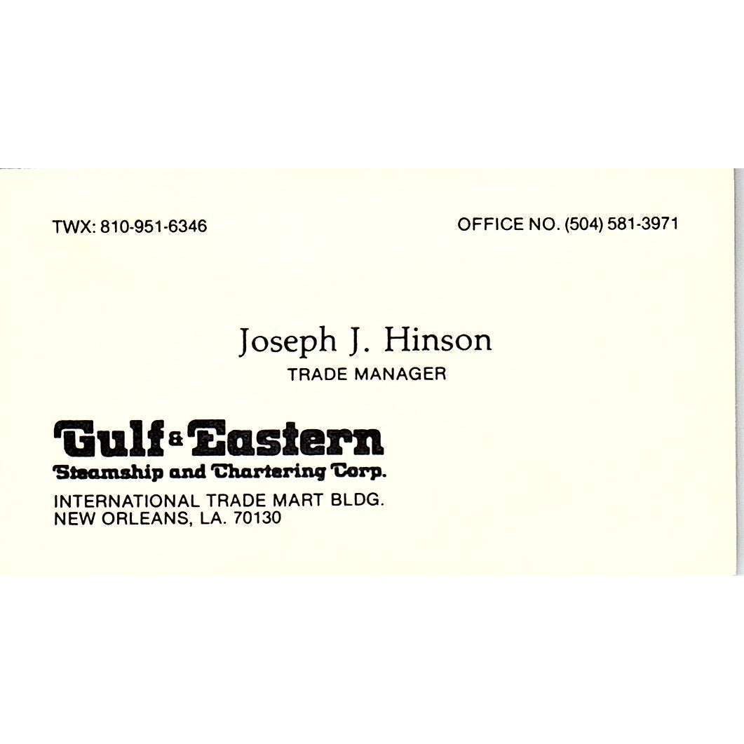 Joseph J Hinson Gulf & Eastern Steamship New Orleans Vtg Business Card SC9-B3