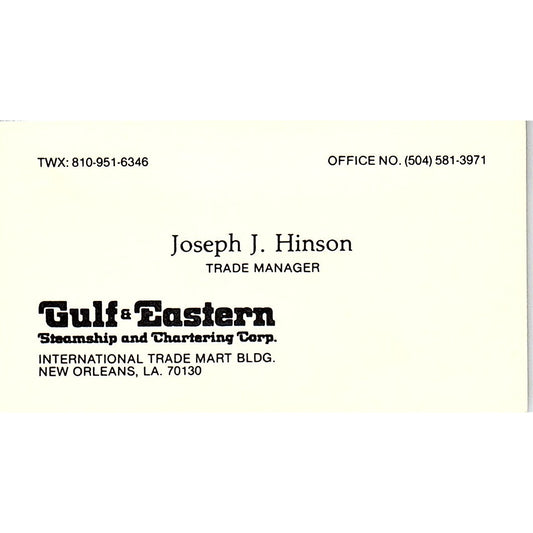 Joseph J Hinson Gulf & Eastern Steamship New Orleans Vtg Business Card SC9-B3