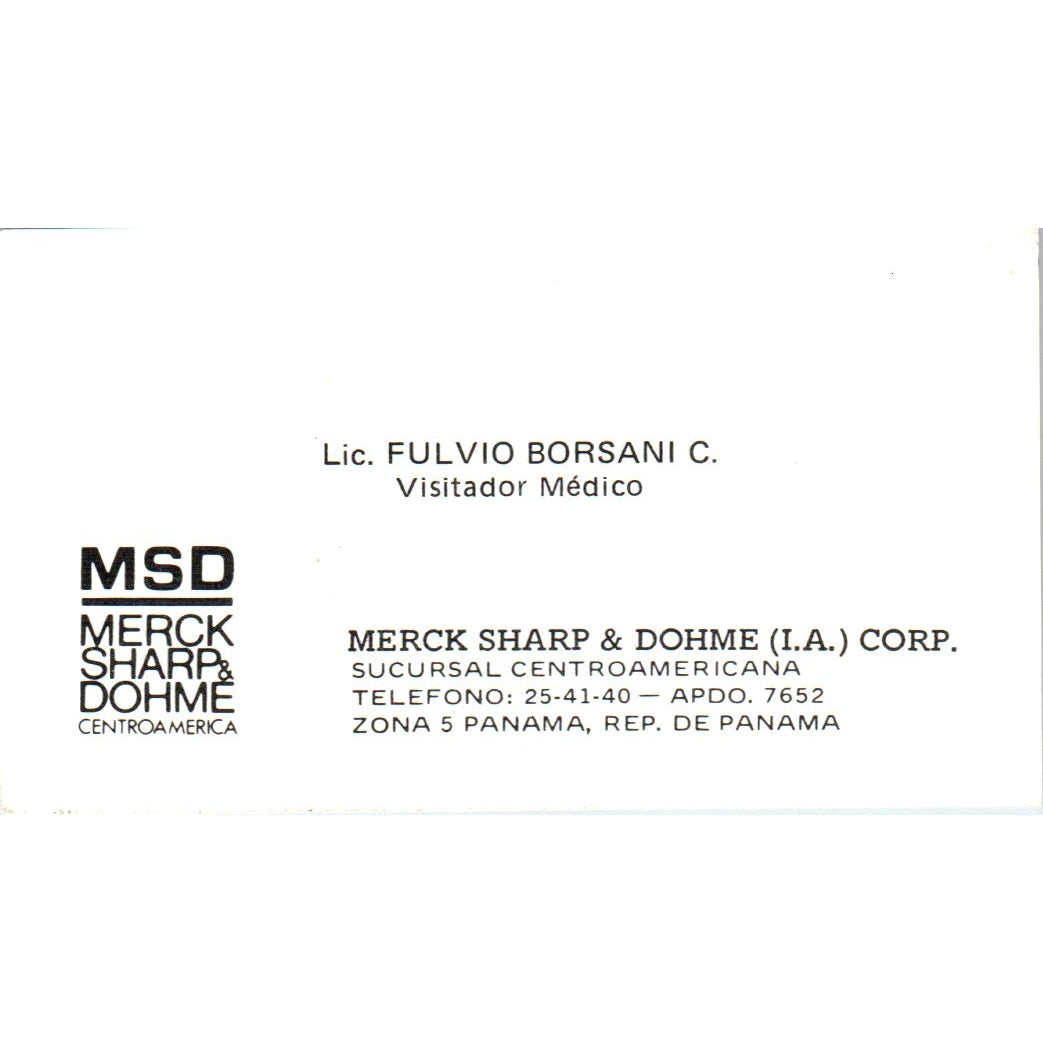 Lic. Fulvio Borsani MSD Merck Sharp & Dohme Panama Vintage Business Card SD8-B17