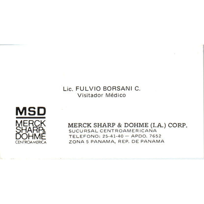 Lic. Fulvio Borsani MSD Merck Sharp & Dohme Panama Vintage Business Card SD8-B17