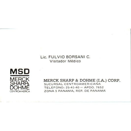 Lic. Fulvio Borsani MSD Merck Sharp & Dohme Panama Vintage Business Card SD8-B17