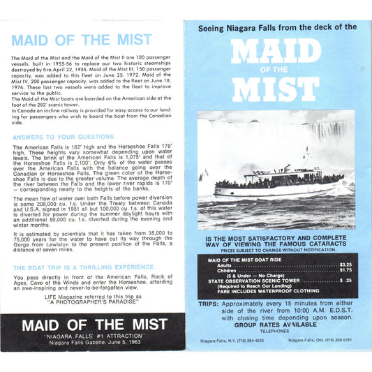 1963 Maid of The Mist Boat Ride Niagara Falls Map & Travel Leaflet AD8-R6