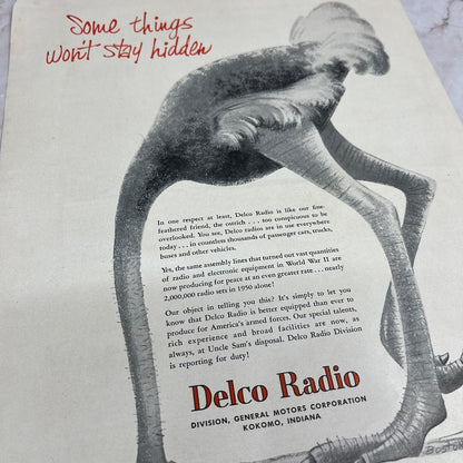 Delco Radio Ostrich Head Buried Kokomo Indiana 1951 Magazine Ad FL6-10