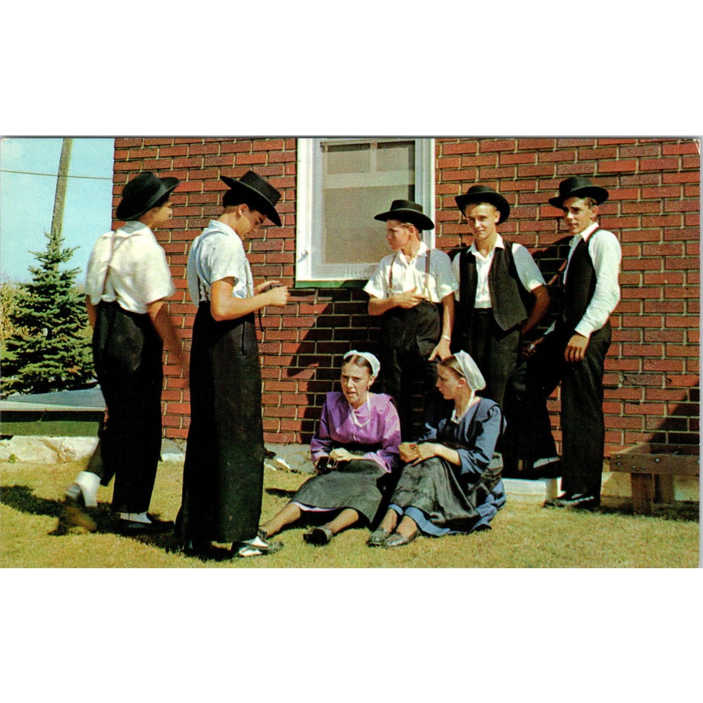 Amish Boys and Girls Conversing Pennsylvania Dutch Country Vintage Postcard PD4