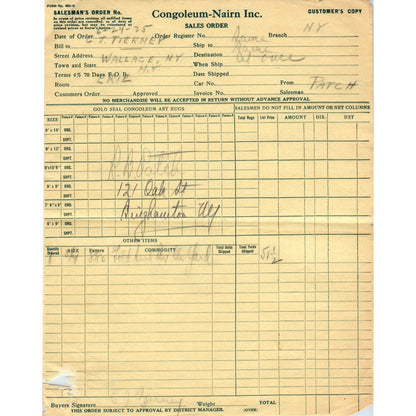 1925 Congoleum-Nairn Inc Sales Order Billhead Letterhead D17