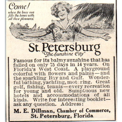 St. Petersburg Florida Travel M.E. Dilman 1924 Magazine Ad AF2-A1