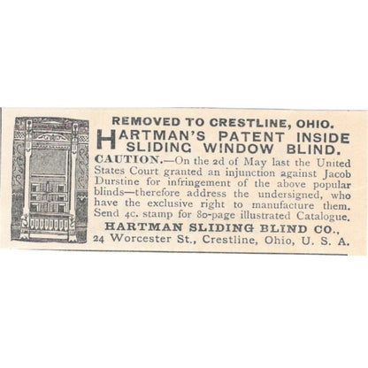 Hartman Sliding Blind Co Window Blinds Crestline OH 1892 Magazine Ad AK6-S1