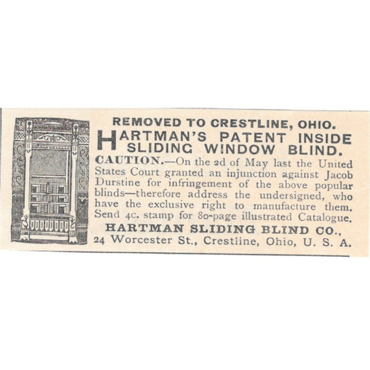 Hartman Sliding Blind Co Window Blinds Crestline OH 1892 Magazine Ad AK6-S1