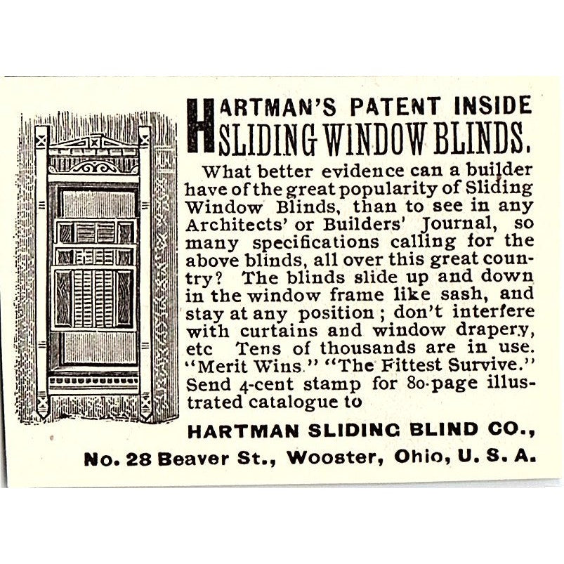 Hartman's Patent Inside Sliding Window Blinds Wooster OH 1892 Ad AG2-S27