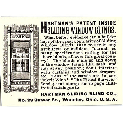Hartman's Patent Inside Sliding Window Blinds Wooster OH 1892 Ad AG2-S27
