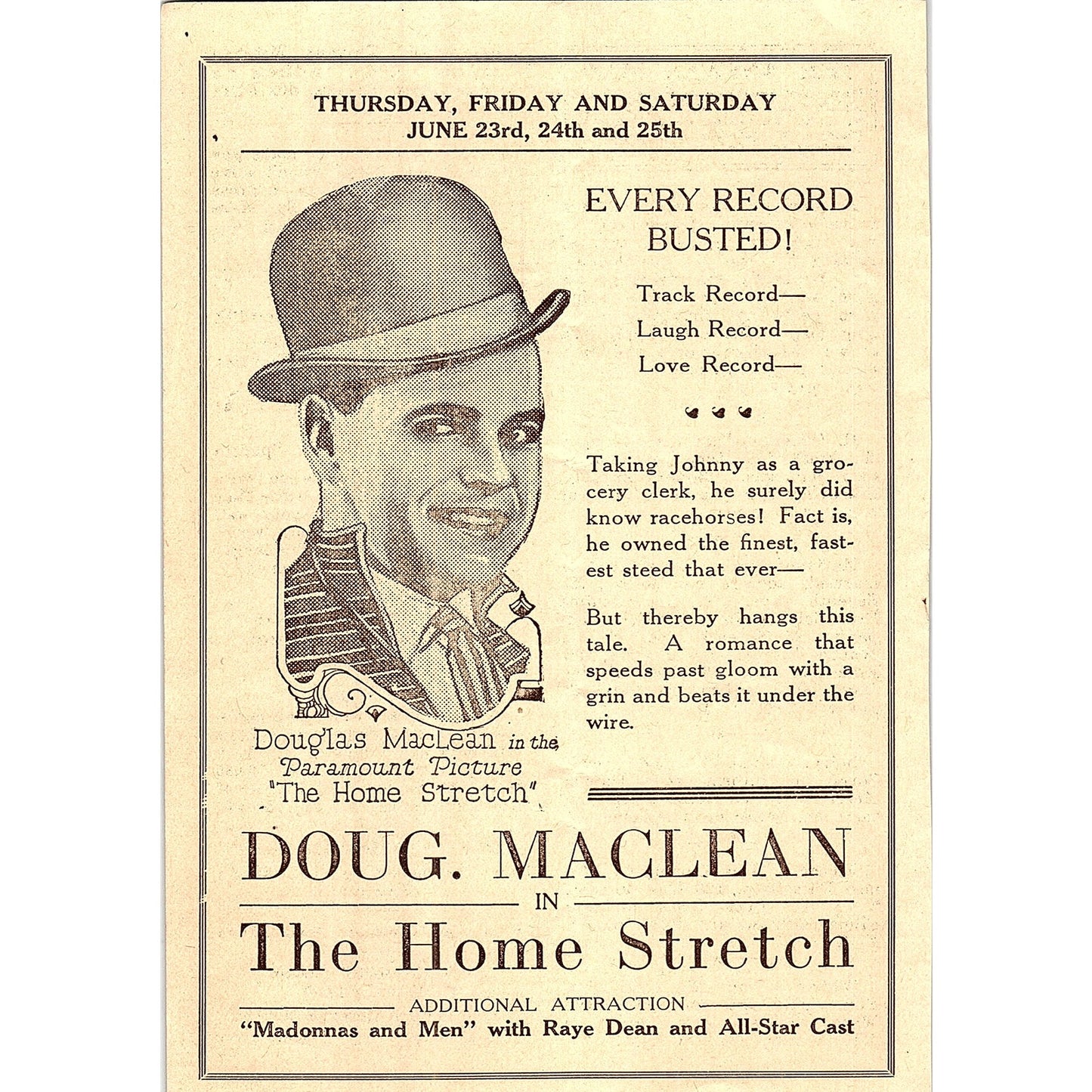 Doug Maclean in The Home Stretch National Theatre NJ 1920s Ad AF3-8