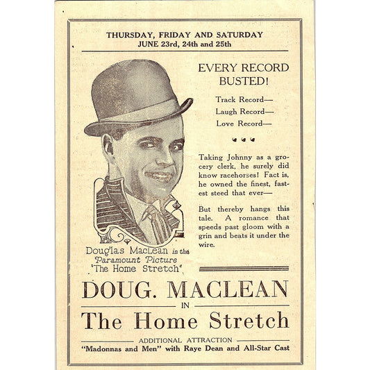 Doug Maclean in The Home Stretch National Theatre NJ 1920s Ad AF3-8