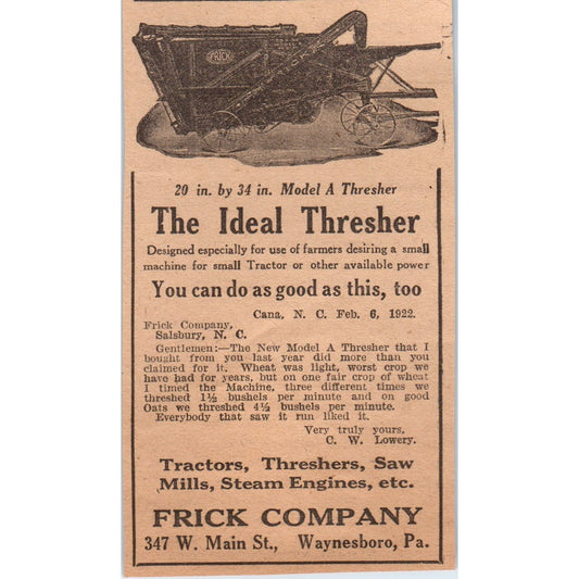 The Ideal Thresher Frick Company Waynesboro PA 1922 Magazine Ad AF2-A5