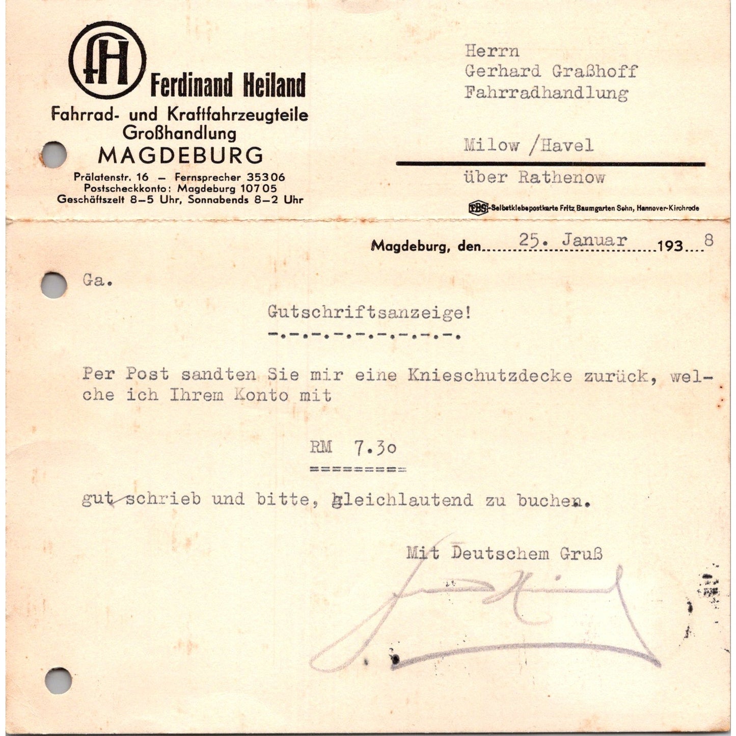 Ferdinand Heiland Bicycle & Vehicle Parts Magdeburg 1938 German Postcard P5-12