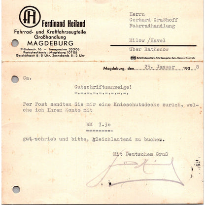 Ferdinand Heiland Bicycle & Vehicle Parts Magdeburg 1938 German Postcard P5-12