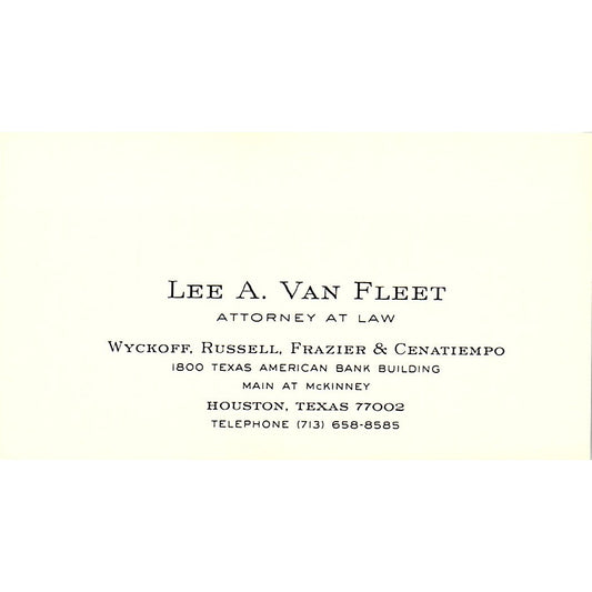 Lee A Van Fleet Attorney Houston Vintage Business Card SE3-B12