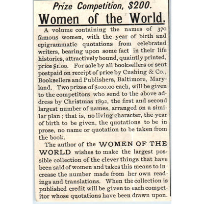 Women of the World Contest Cushing & Co Booksellers c1890 Victorian Ad AE8-CH5