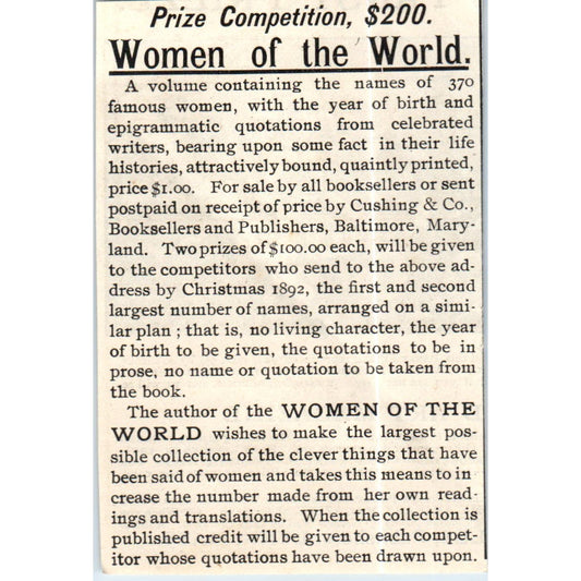 Women of the World Contest Cushing & Co Booksellers c1890 Victorian Ad AE8-CH5