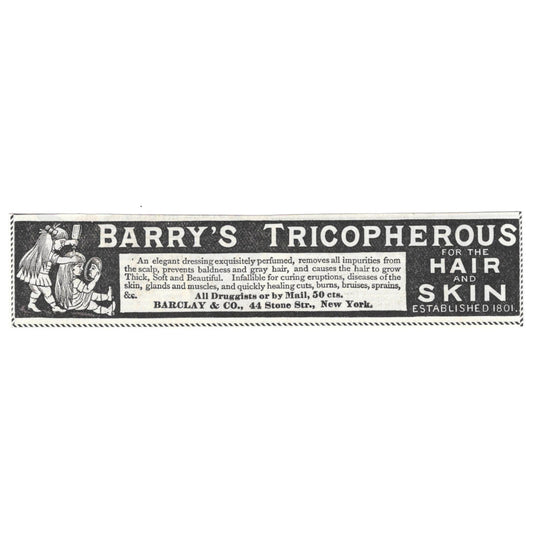 Barry's Tricopherous for Hair and Skin Barclay & Co c1890 Victorian Ad AE8-CH13