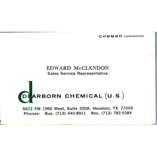 Edward McClendon Dearborn Chemical Houston Vintage Business Card SE3-B10