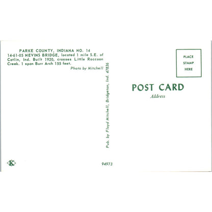 Nevins Bridge Parke County Indiana #14 Covered Bridge Postcard PB10