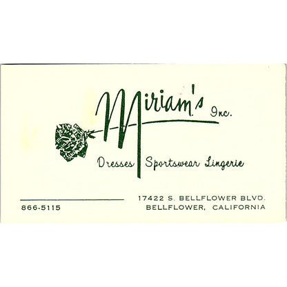 Miriam's Inc Dresses Sportswear Bellflower CA Vintage Business Card SE5-B4