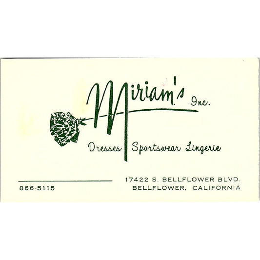Miriam's Inc Dresses Sportswear Bellflower CA Vintage Business Card SE5-B4