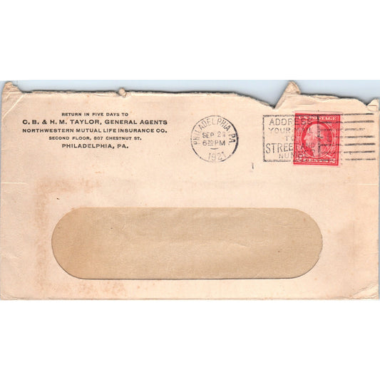 1921 C.B. & H.M Taylor General Agents Philadelphia Postal Cover Envelope TG7-PC2